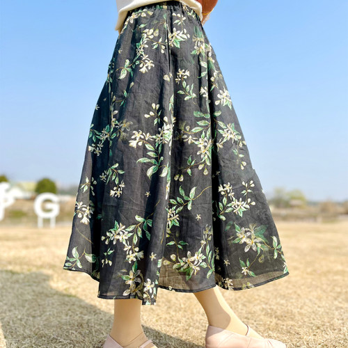 文艺苎麻印花a字裙女半身裙