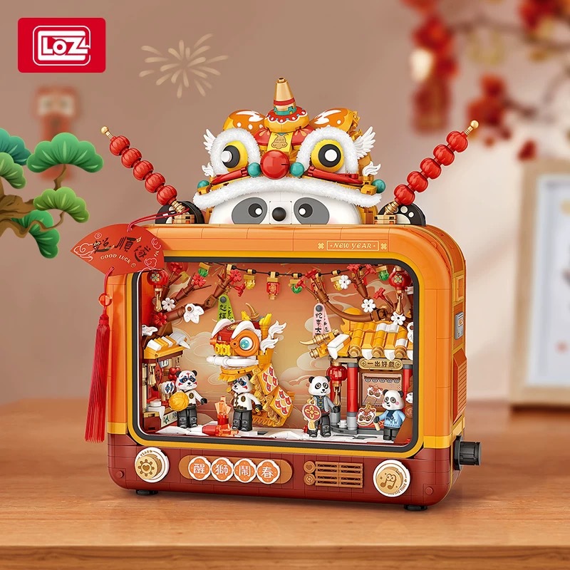 LOZ醒狮熊猫皮影戏电视机拼装积木玩具灯光新年音乐装饰摆件礼物