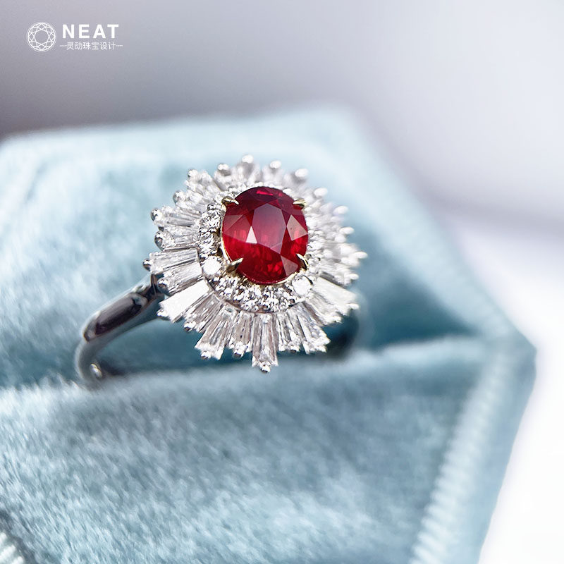neat灵动珠宝 鸽血红宝石镶嵌t方钻石戒指