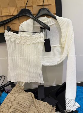 法式立体钩花针织斜肩吊带背心女夏新款气质镂空修身短款无袖上衣