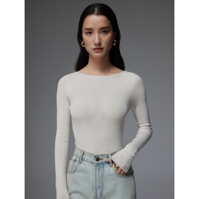 亲肤美丽诺无缝一体一字肩羊毛衫