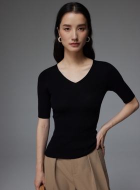 SOUL JUC可机洗美丽诺18针无缝一体细羊毛衫V领修身打底衫薄针织