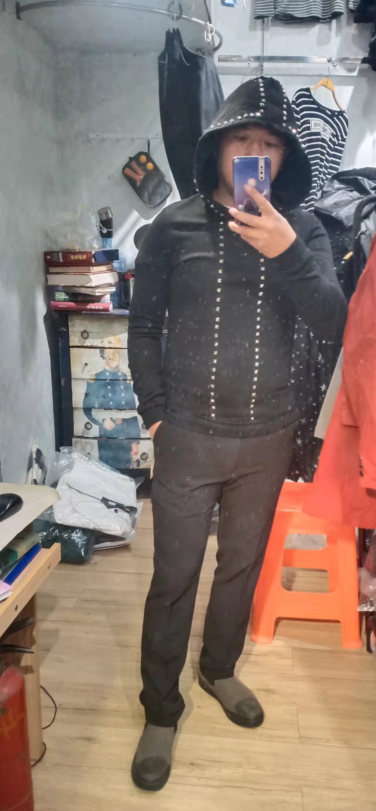 冬季卫衣连帽开衫潮流帅气铆钉加厚嘻哈外套欧美街头学生