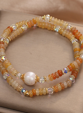 天然金丝玉算盘珠珍珠手链女轻奢小众新中式双圈叠戴串珠水晶手串