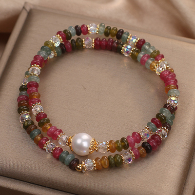 彩虹碧玺算盘珠双圈手链女款新中式轻奢小众精致叠戴珍珠手串手饰