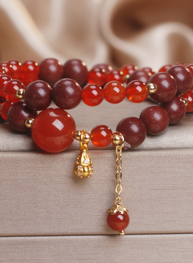 新中式天然红玛瑙双圈手链显白