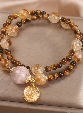 天然黄塔晶虎眼石手链女国潮双圈