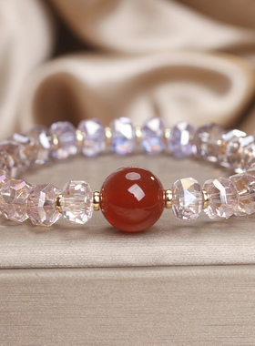 天然红玛瑙粉水晶转运珠手链女