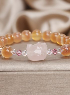 天然橙色糖心玛瑙粉晶猫咪手链