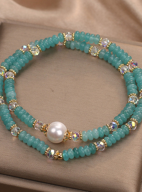 天然绿纹石算盘珠双圈手链女轻奢小众精致新中式气质珍珠叠戴手串