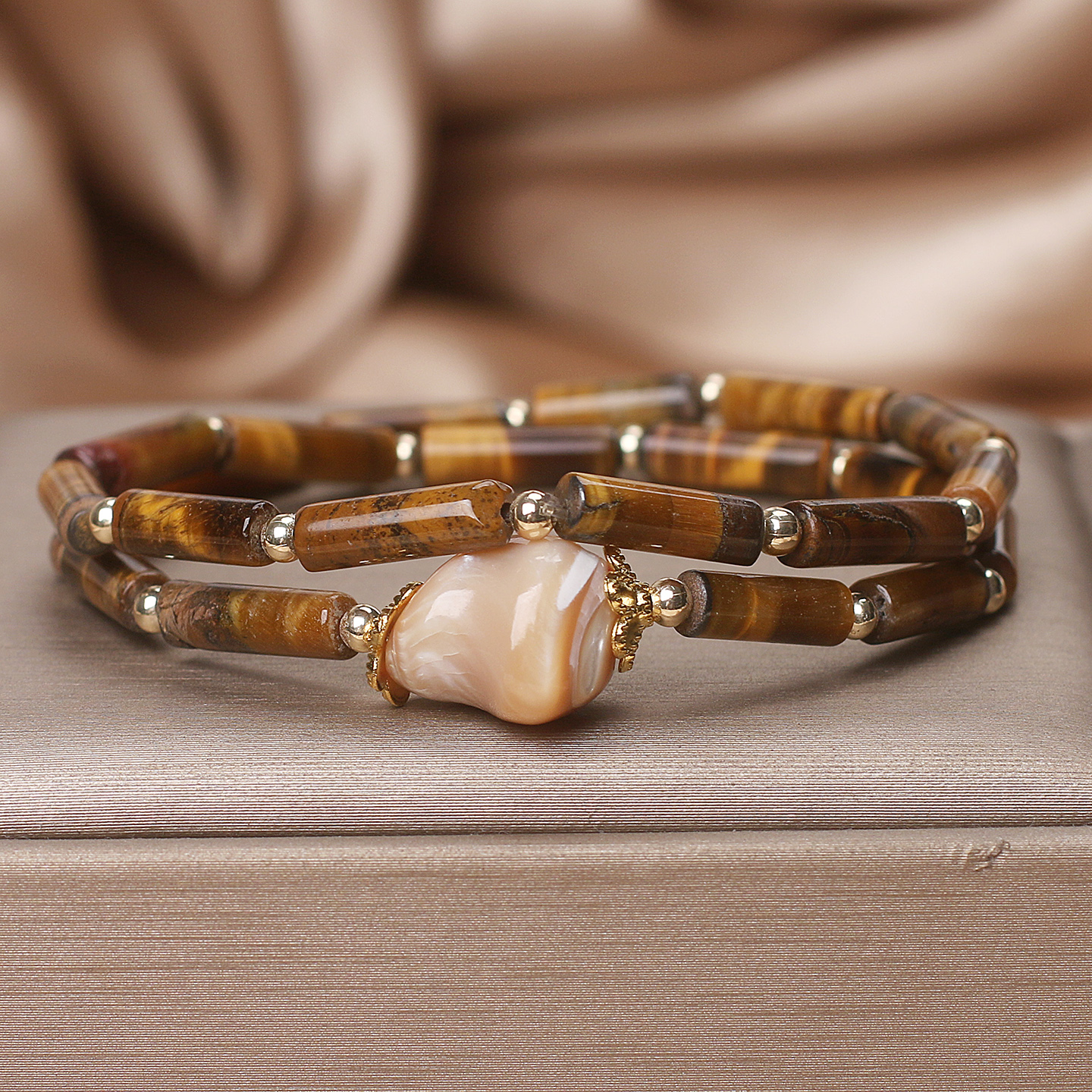 美拉德风虎眼石竹节多圈手链女款轻奢小众复古异形贝珠高级感手串