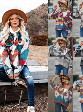 欧美风AZTEC几何图案短款宽松翻领口袋纽扣女式毛呢外套女