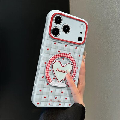 适用苹果17ProMax格纹爱心保户包iPhone16新款15爱心支架14好看13