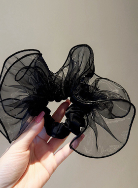 日韩超仙黑色欧根纱裙摆设计感大肠发圈头绳发饰头花扎马尾皮筋女