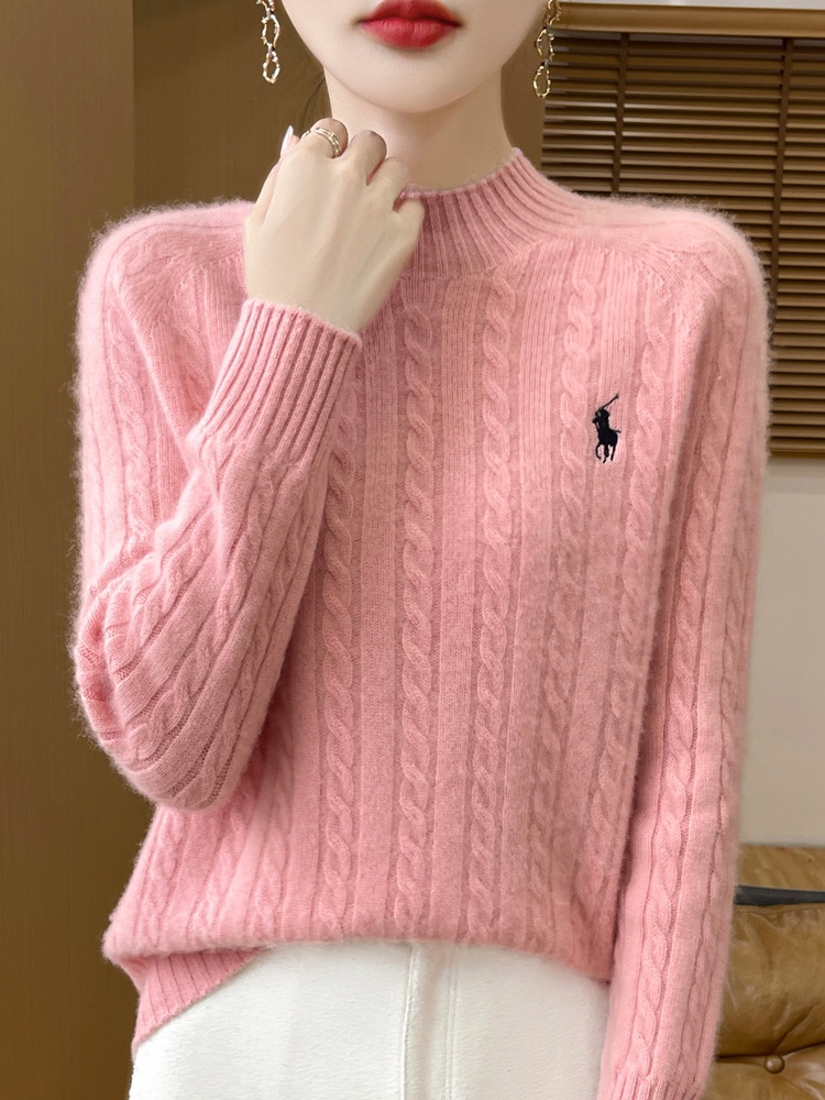 秋冬新款刺绣小马加厚羊绒衫女扭花宽松半高领羊毛针织打底衫毛衣