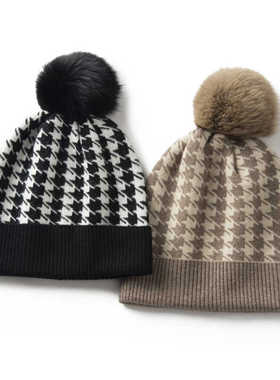 PS309 千鸟格羊绒帽子女秋冬保暖护耳帽子百搭球球套头冷帽