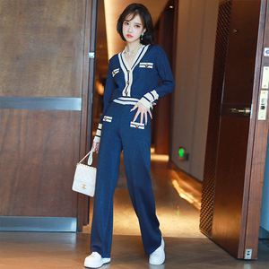 MIUCO混织撞色螺纹边V领针织开衫+直筒阔腿裤套装2023早春