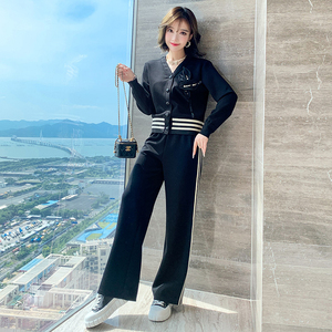 MIUCO撞色条纹V领镶钻针织开衫+直筒阔腿裤套装女2023秋季