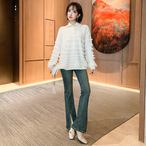 MIUCO重工流苏半开襟羊毛针织衫+修身开叉喇叭裤套装女秋冬