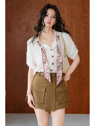 Miuco Old Money Silk Scarf Shirt for Women, Adjustable Lapel, Short Sleeves, Relaxed and Elegant Commuter Shirt