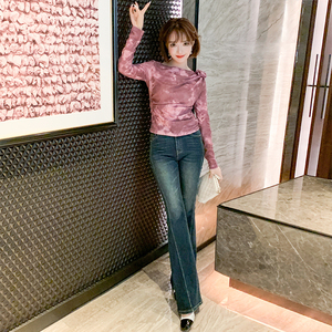 MIUCO立体花朵水墨印染打底衫+高腰修身牛仔喇叭裤套装女装