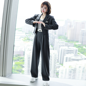 MIUCO设计感露腰短款小西装外套+走路带风阔腿西裤套装