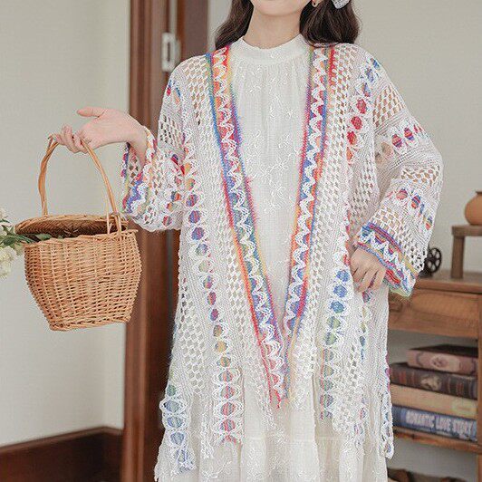 民族风女披肩带袖镂空中式开衫高级感彩色女生出游吊带裙子外搭衫