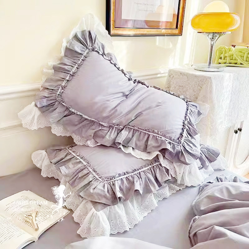 新疆普通棉公主蕾丝花边纯棉枕套一对一只双人荷叶边枕头套枕巾