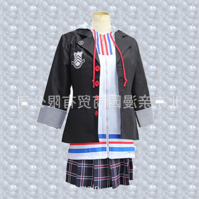 女神异闻录5高卷杏cosplay衣服装 黑外套 白帽衫 格子裙黑t恤套装