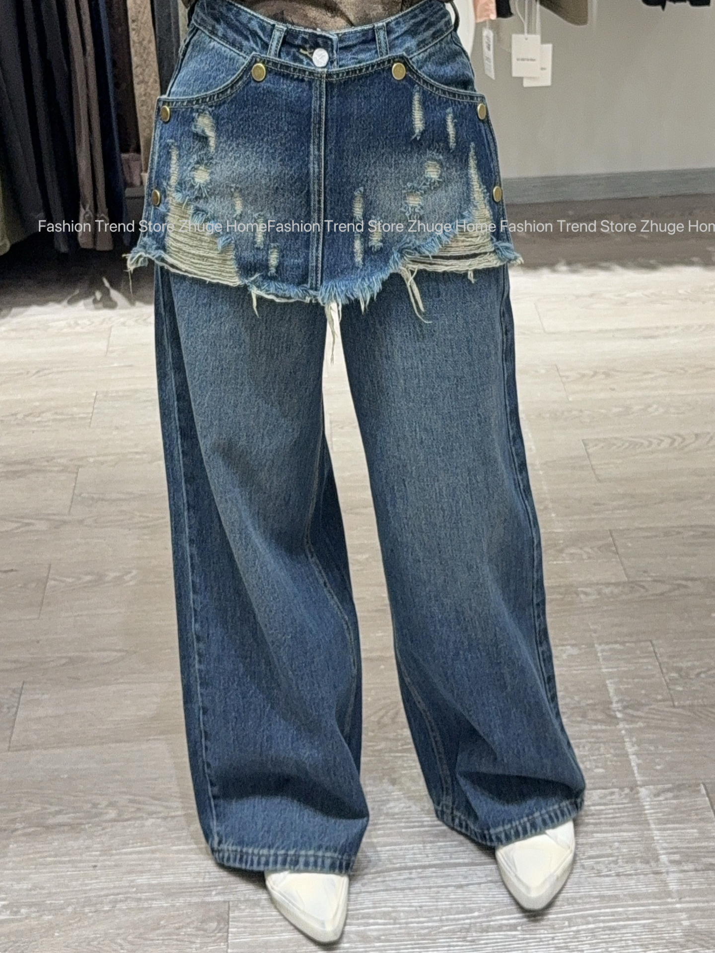 欧洲站2025秋季新款高腰时髦设计感做旧磨破拼片假两件牛仔长裤潮