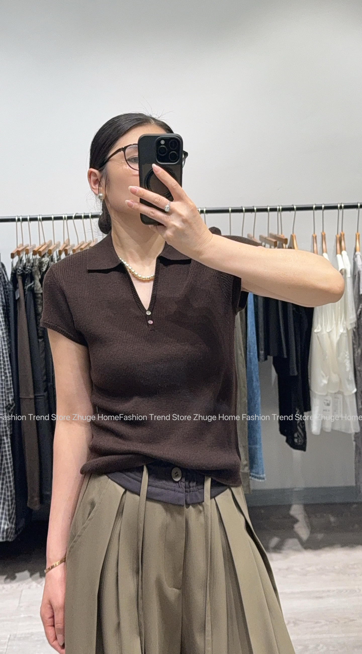 欧洲站2026秋季款Polo领针织短袖女V领坑条羊毛修身显瘦薄款上衣