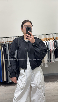 DY欧洲站女2026春款高端洋气阔版棒球服缝褶袖拉链拼接飞行夹克