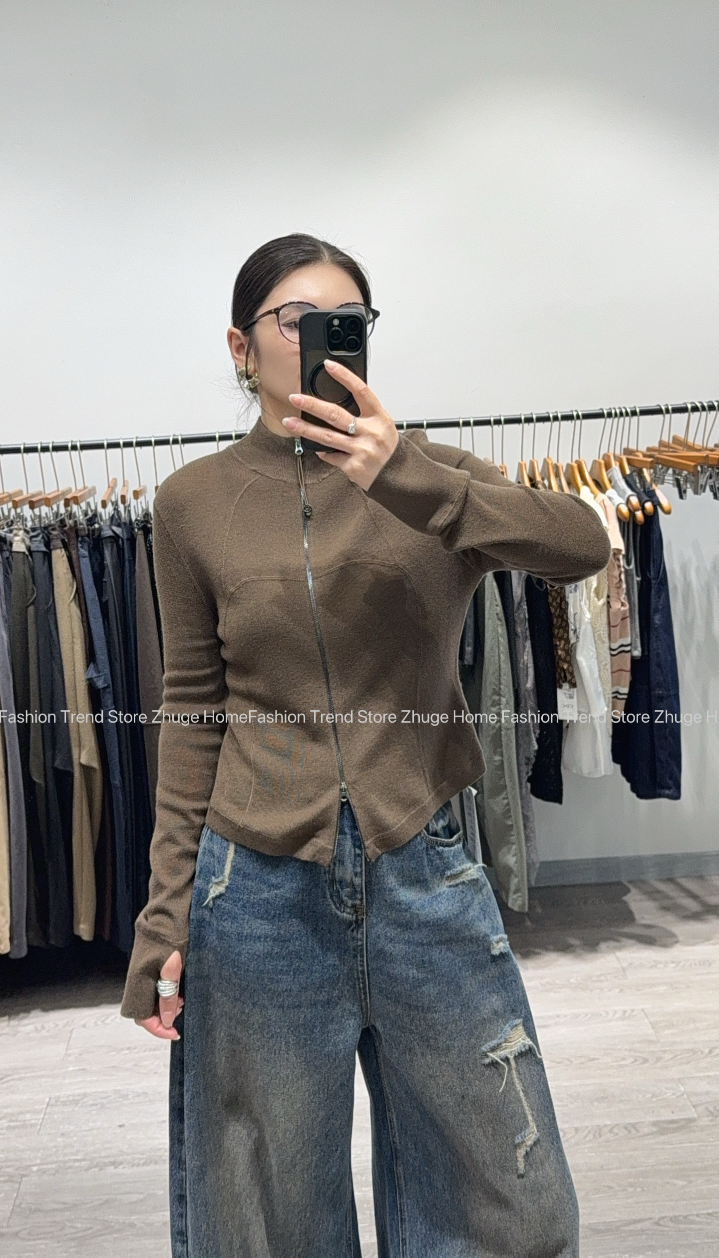 欧洲站2026秋款别致鱼骨线立领双拉链羊毛针织开衫女长袖显瘦修身