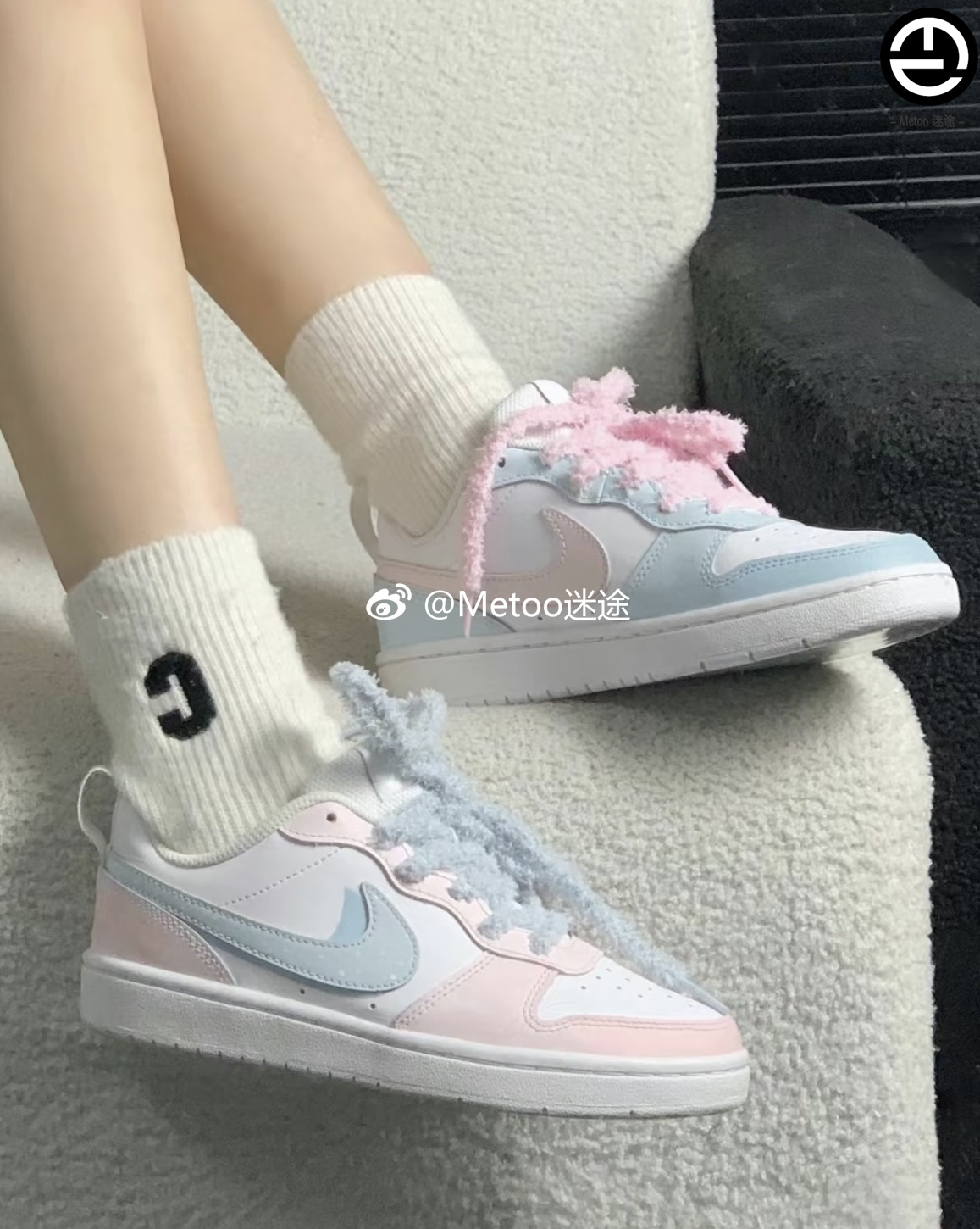 定制球鞋 Nike Court Borough 甜美少女 蓝粉 叠钩清新 低帮 板鞋