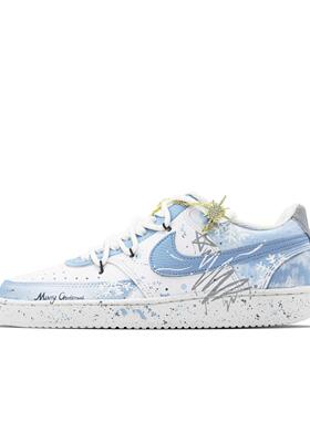 【定制球鞋】Nike Court Vision 涂鸦泼墨 低帮板鞋男女同款浅蓝