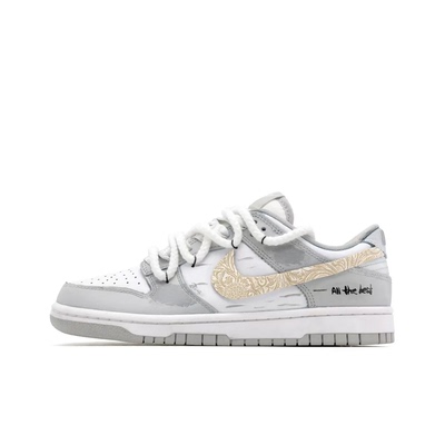 迷途定制球鞋 Nike Dunk Low 银霜鎏金白灰涂鸦潮流低帮板鞋