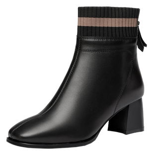 新款短靴女士高跟鞋真皮靴子软底羊毛女靴妈妈棉鞋女鞋冬加绒皮鞋