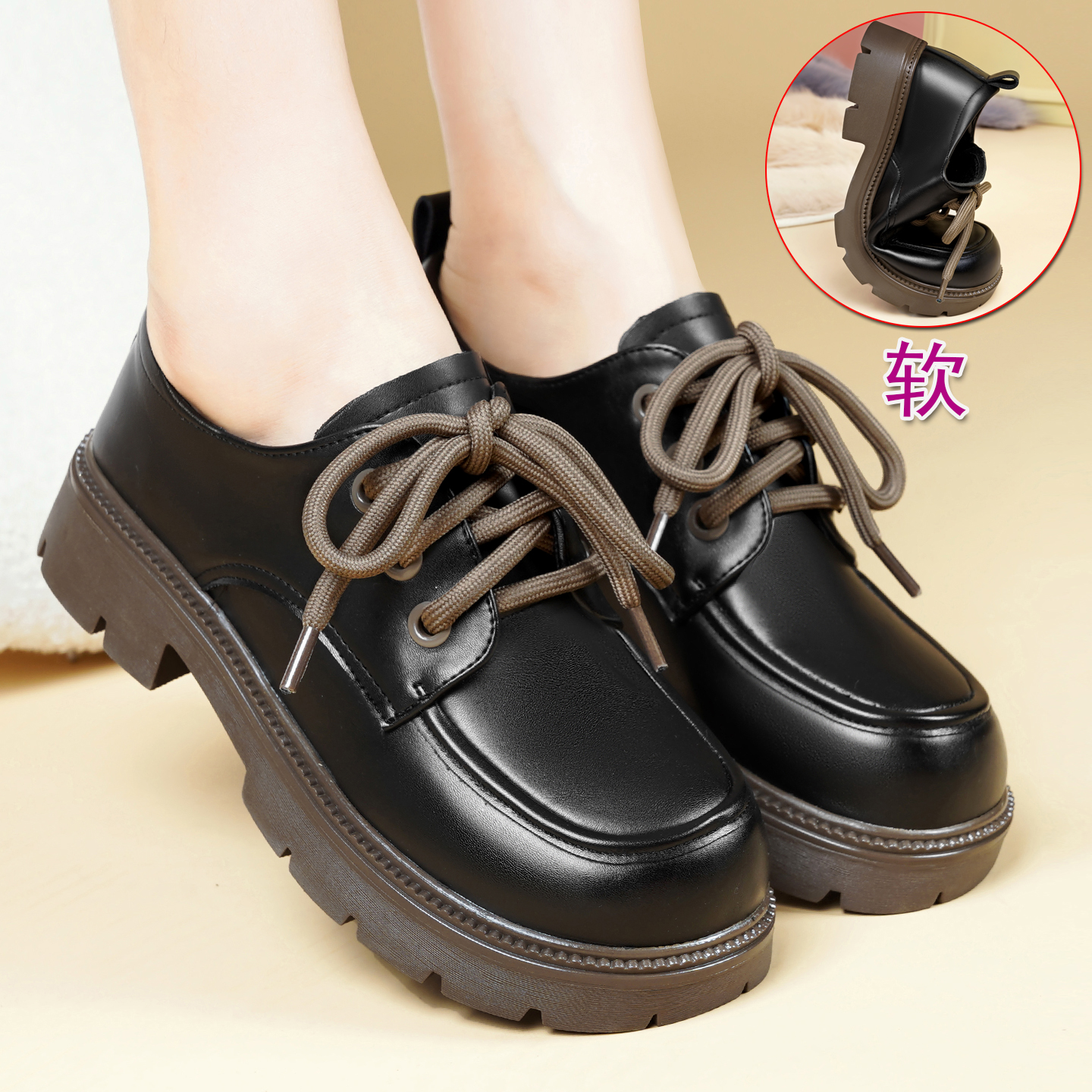 真牛皮厚底小皮鞋舒适防滑大圆头