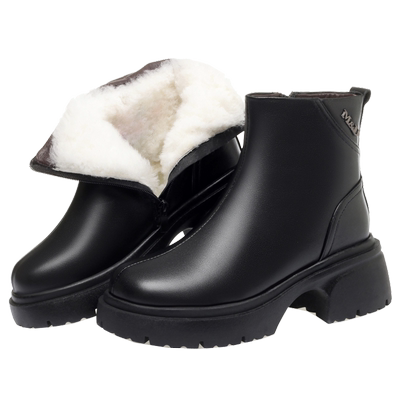 时尚短靴粗跟羊毛全头层牛皮