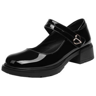 漆皮走秀高跟鞋真皮玛丽珍女鞋鞋子中跟单鞋女士软底学生皮鞋大码