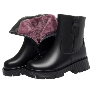 冬季羊毛妈妈棉靴中筒女士真皮棉鞋加绒加厚棉皮鞋女防滑厚底短靴