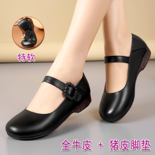 一字扣单鞋圆头真皮妈妈跳舞皮鞋