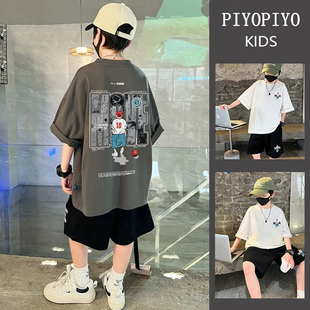 纯棉男童套装夏季新款2025儿童短袖t恤薄款休闲裤子时尚两件套装