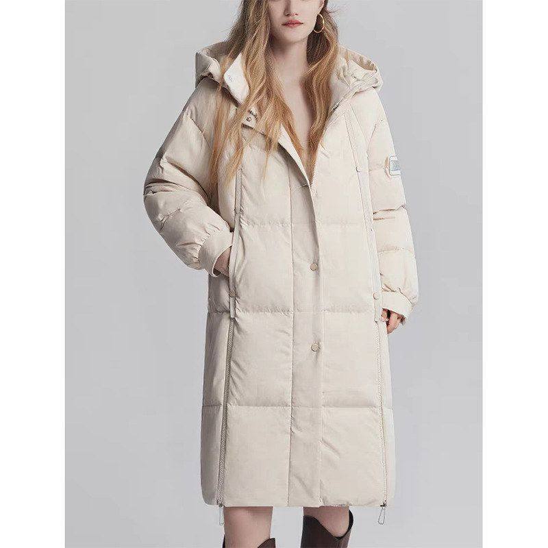 贝哆哈女士90绒羽绒服连帽白鸭绒中长款冬季纯色加厚百搭保暖外套