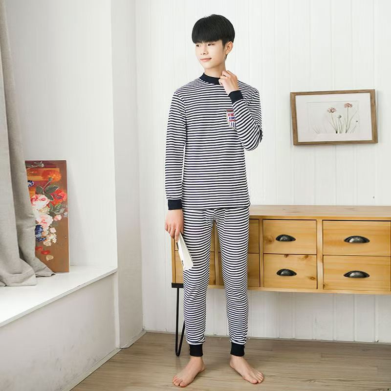 贝哆哈大童保暖内衣青少年条纹秋衣秋裤男童内衣套装冬款学生套装