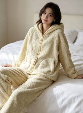 贝哆哈连帽暖暖绒睡衣套装女士冬季厚实保暖加绒加厚家居服两件套
