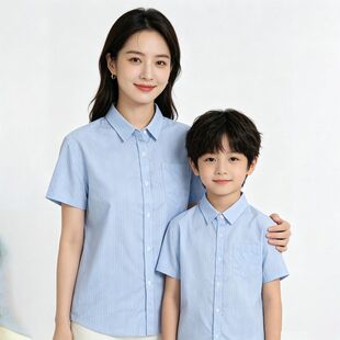 贝哆哈儿童夏衬衫短袖休闲翻领上衣男童女童中大童亲子装纯色衬衣