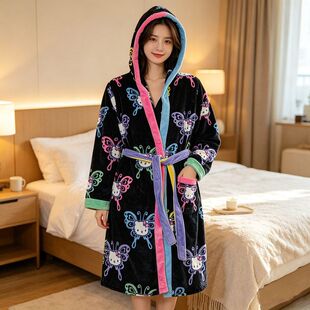 贝哆哈女士男士秋冬加厚法兰绒睡袍珊瑚绒情侣家居服系带连帽浴袍