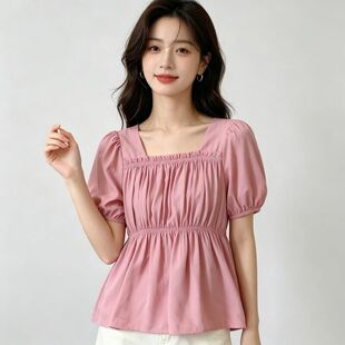 贝哆哈女士T恤夏季方领泡泡袖法式小衫显瘦衬衫收腰遮肚女装上衣
