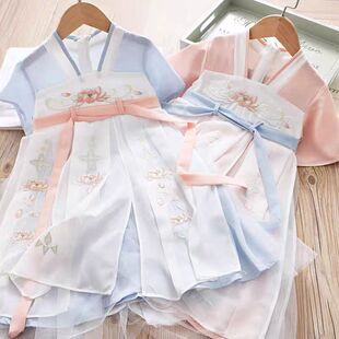 贝哆哈女童汉服夏薄款雪纺仙女裙刺绣古风襦裙儿童短袖网纱连衣裙